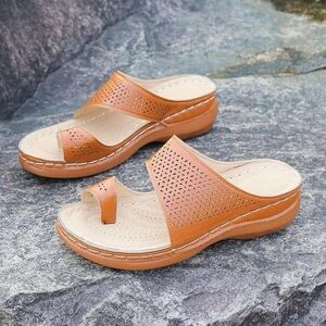 NEW Women's Orthopedic Perforated Vegan Leather Comfort Wedge Sandals Camel 8.5